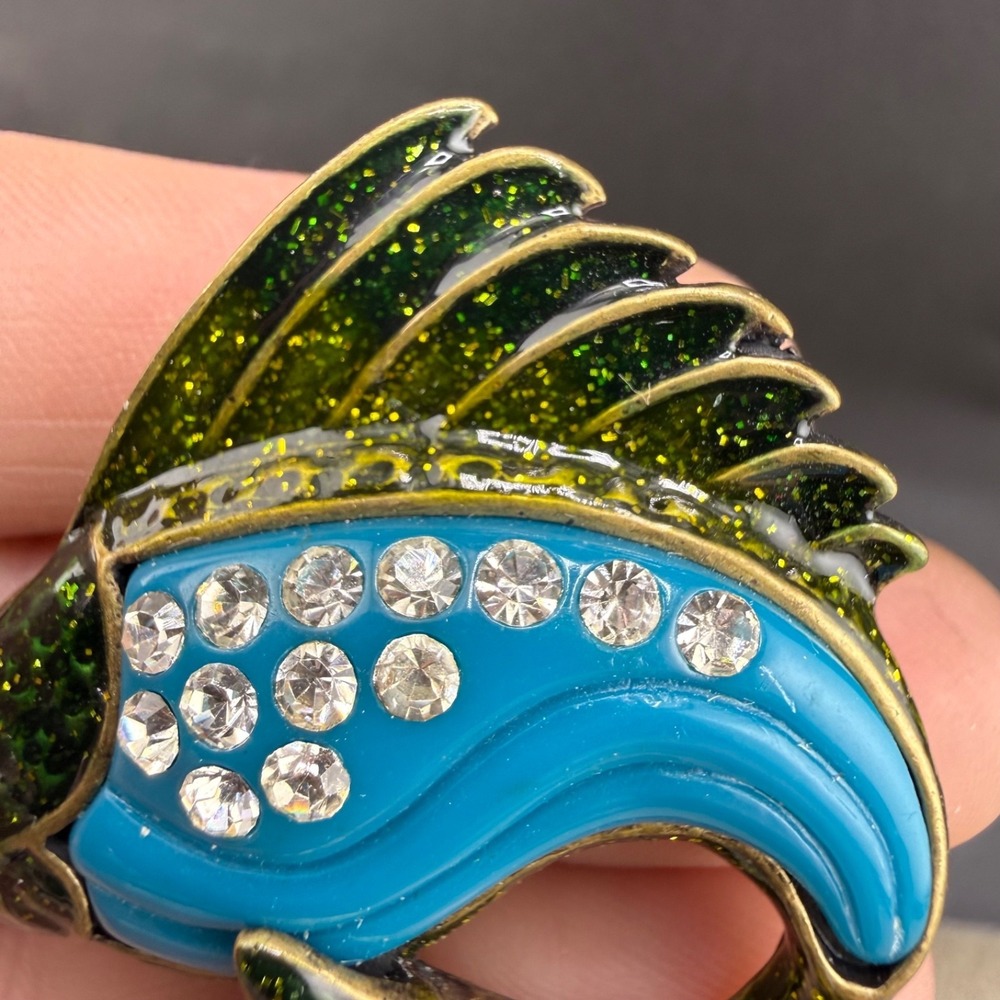 Vintage Fish Brooch Gold Tone Enamel Rhinestone Blue‎ Green - Picture 5 of 11